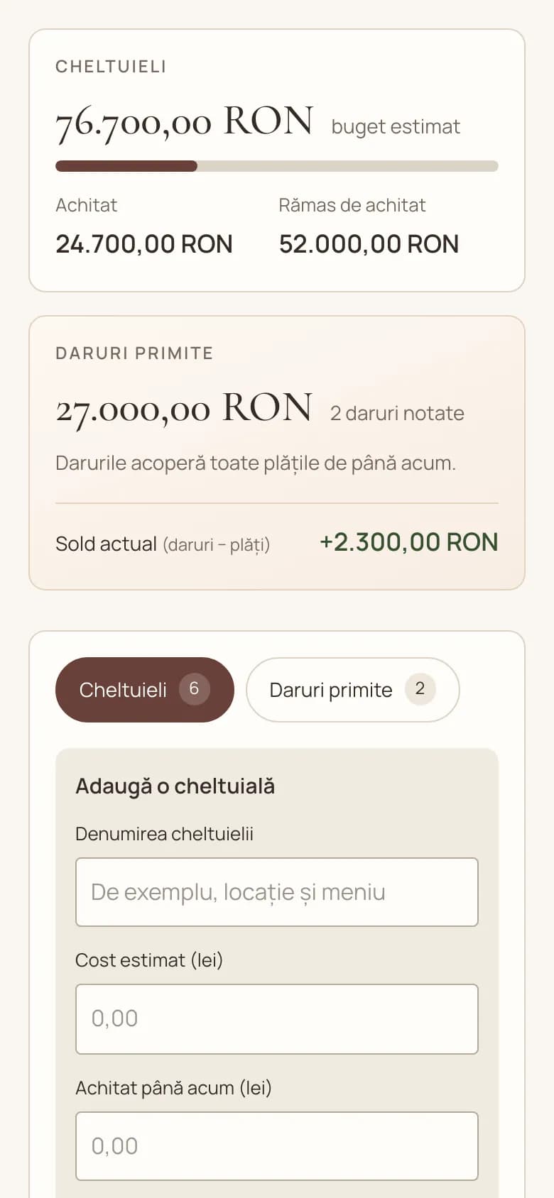 Bugetul pe telefon: cheltuieli estimate, sume achitate și rămase, daruri primite și sold