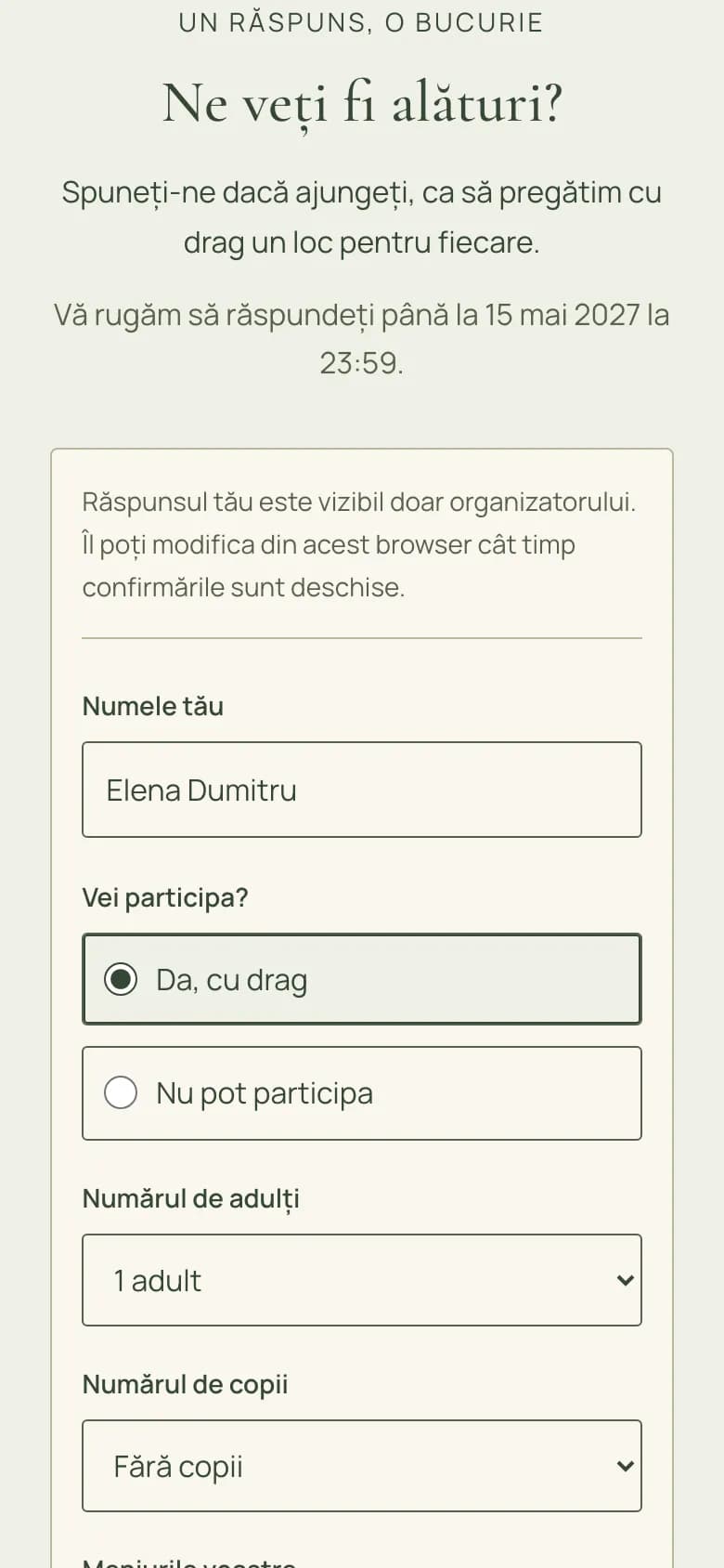 Formularul de confirmare din invitație, deschis pe telefon