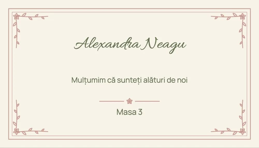 Placecard cu numele invitatului și masa la care stă